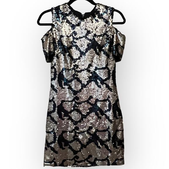 Topshop Cold Shoulder Sequins Mini Dress sz 4 Green and Gold - Picture 3 of 12